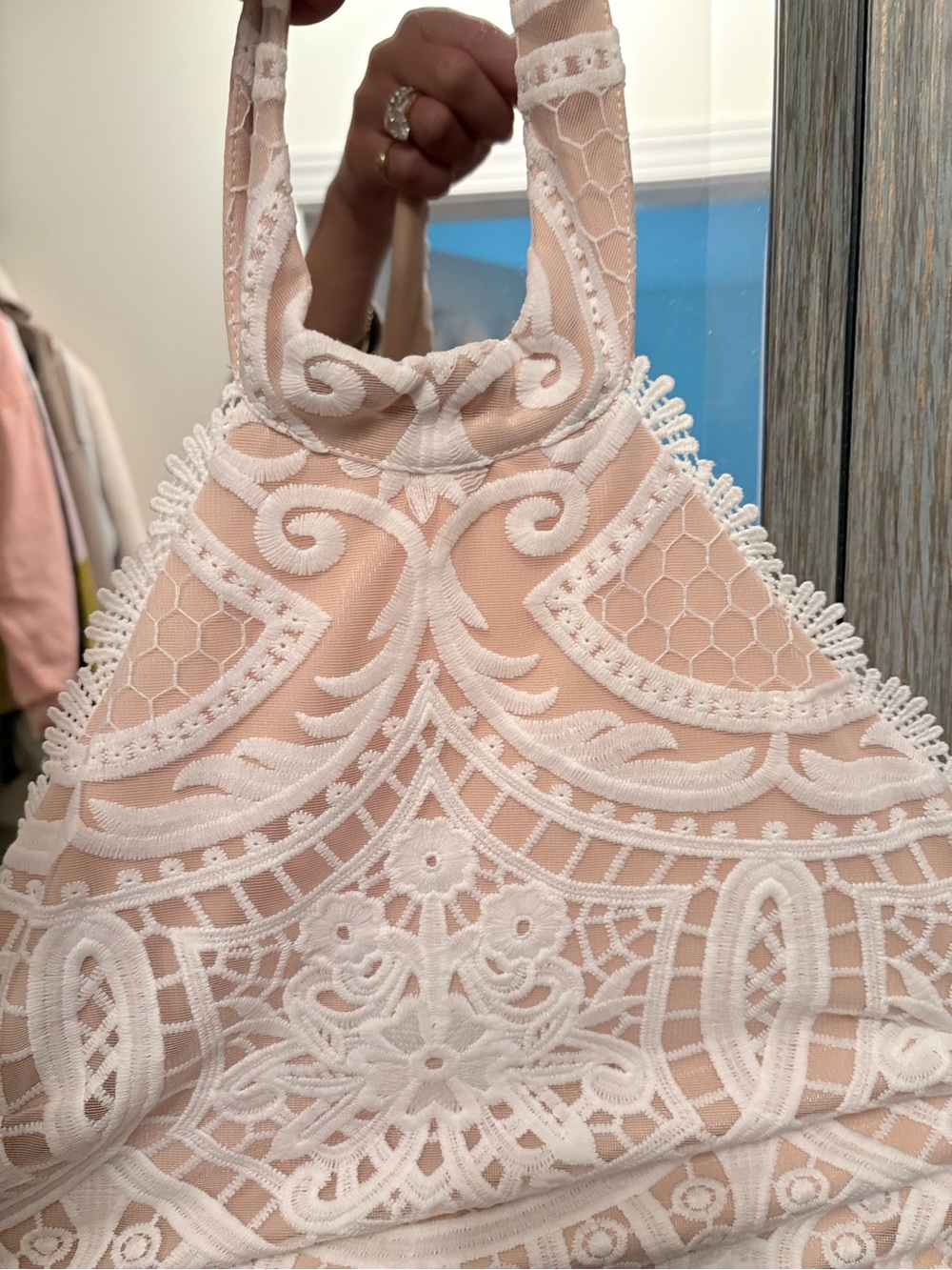 Lulu's nude and White Lace Halter Midi Dress - Picture 2 of 3